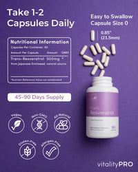 vP Vitality Pro Trans Resveratrol Supplements, 90 Capsules - 500 milligrams Pure Trans Resveratrol Powder for Vitality & Immunity Support - Vegan Dietary Supplements
