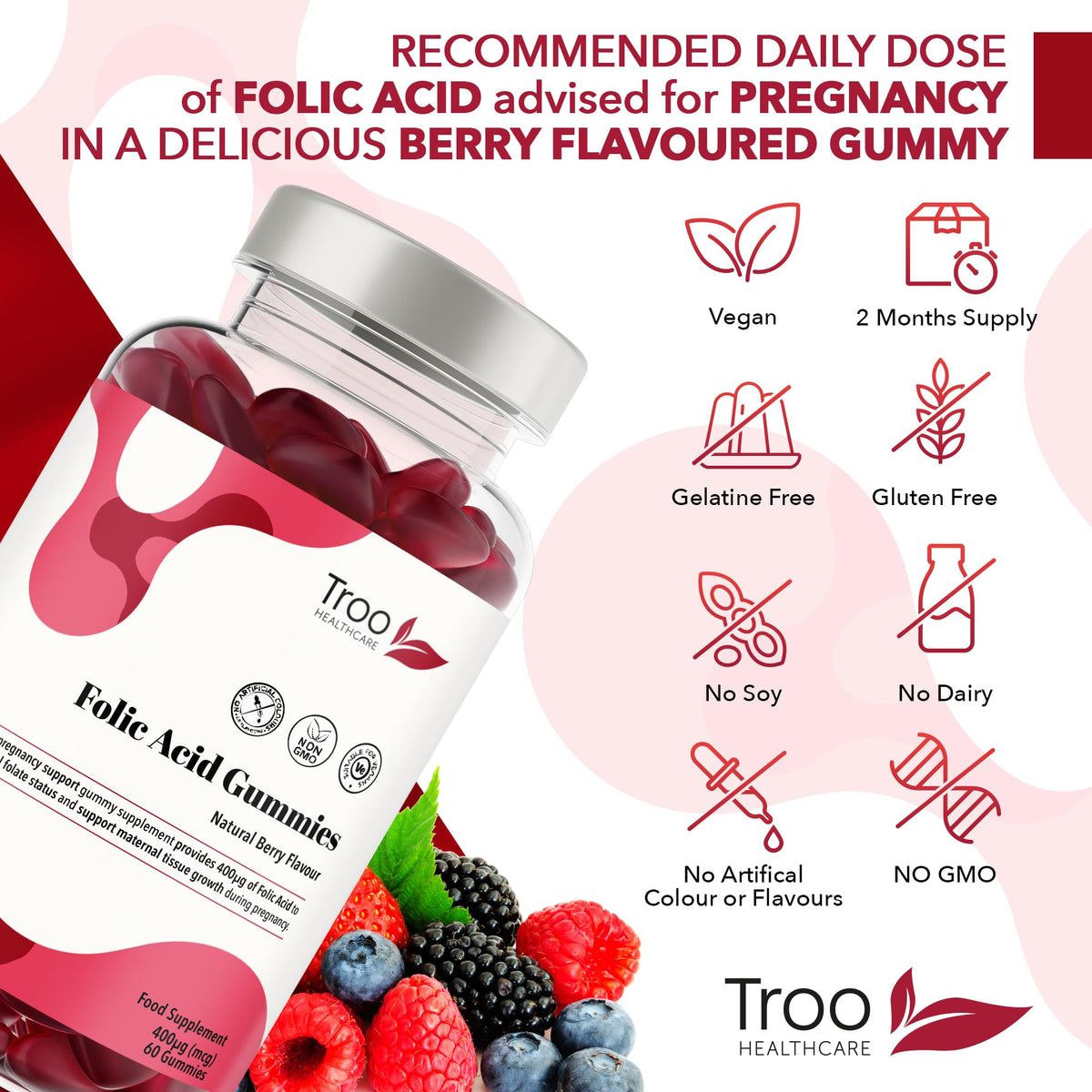 Troo Health Care Folic Acid 400μg Gummy Prenatal Supplement - 60 Natural Berry Flavour Gummies to Support Health Pregnancy & Foetus Development - No Common Allergens or GMO