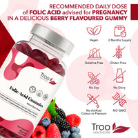 Troo Health Care Folic Acid 400μg Gummy Prenatal Supplement - 60 Natural Berry Flavour Gummies to Support Health Pregnancy & Foetus Development - No Common Allergens or GMO