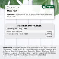Maca Root Tablets 12,000mg | Naturally Sourced & High Strength Maca Root Extract | 180 Vegan Tablets | Supplement for Men & Women | by Carlyle
