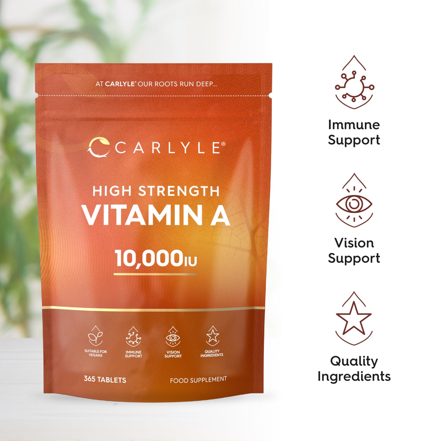 Vitamin A Tablets 10000 IU | 365 Count (1 Year Supply) | Vitamin A as Retinol Acetate | High Strength | Vegan and Vegatarian | By Carlyle