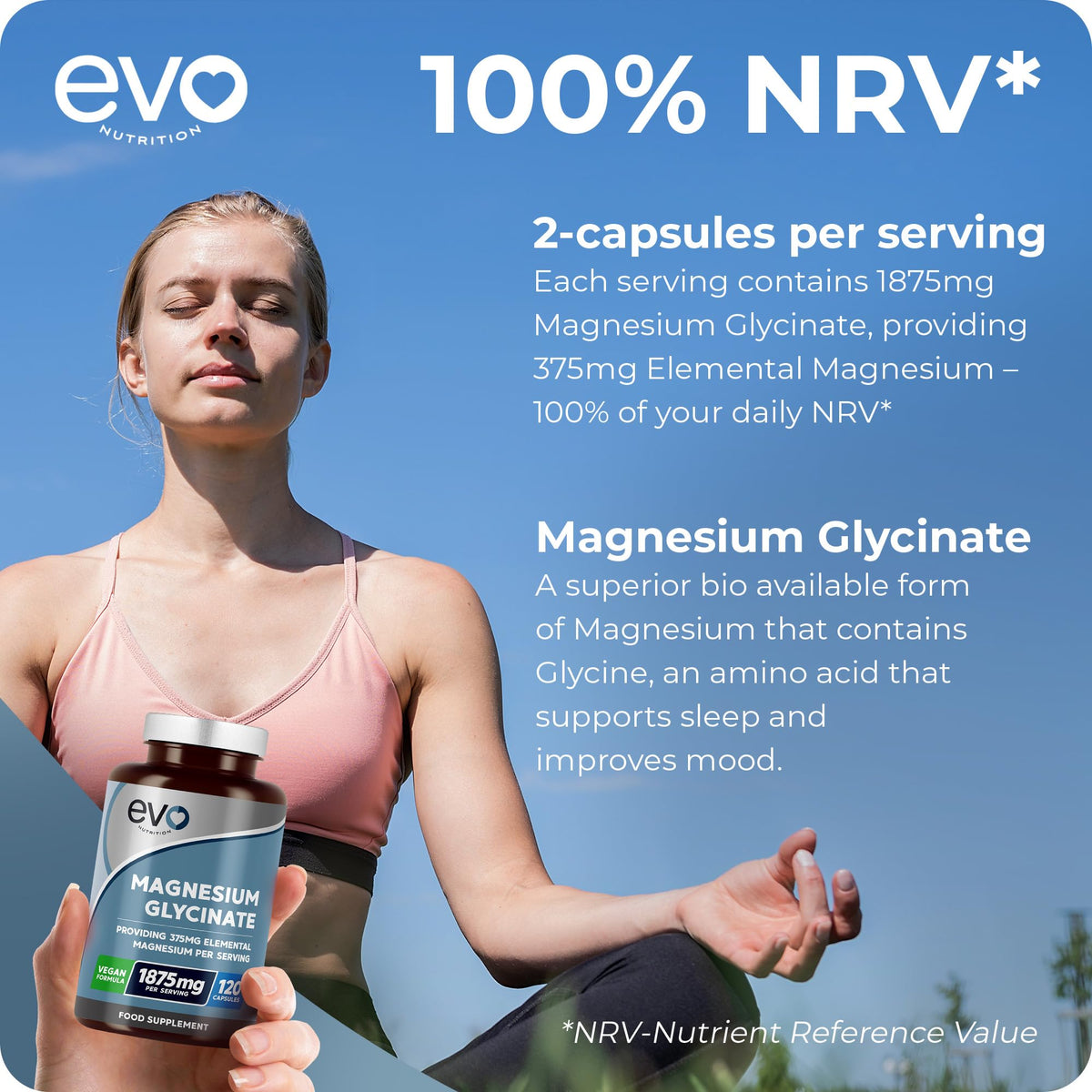 Magnesium Glycinate Supplement, 120 Capsules | Designed to Support Sleep, Energy, Body & Cognitive Health | High Strength 1875mg per Serving with 375mg Elemental | Vegan & UK Made | EVO NUTRITION