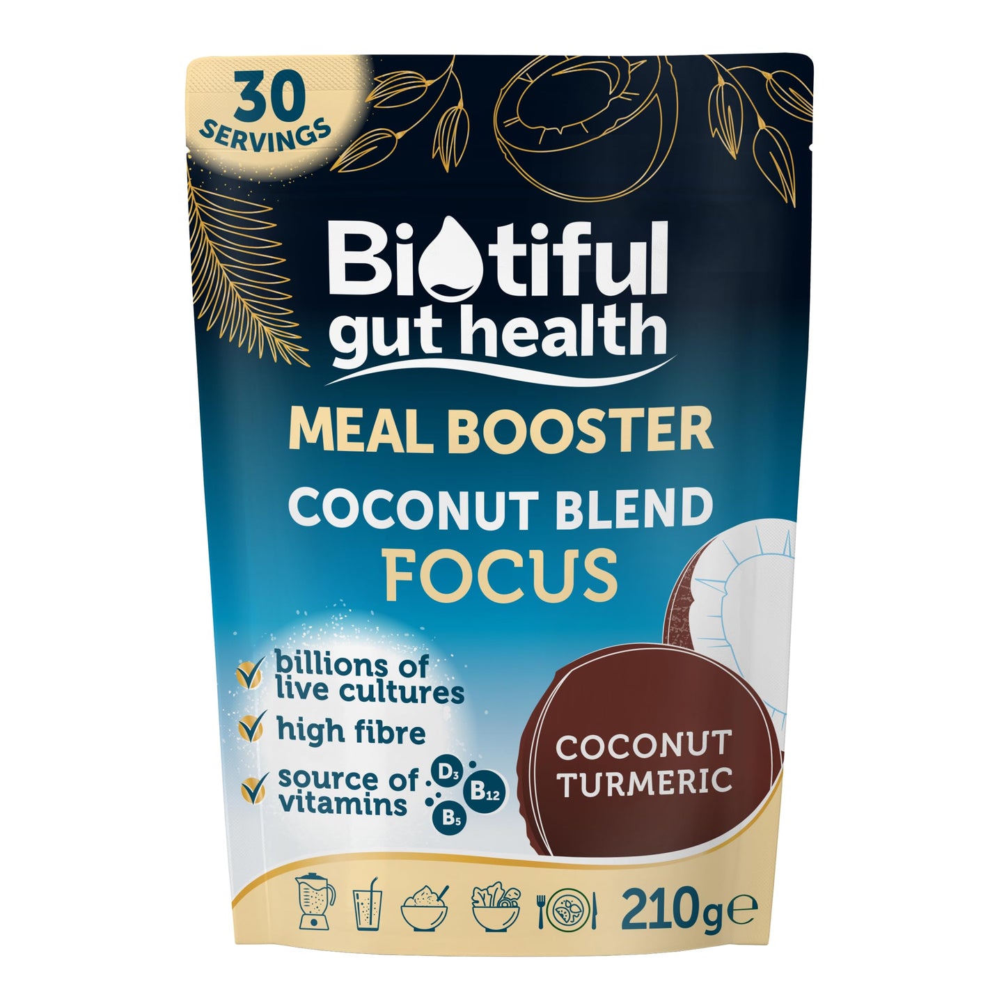 Biotiful Gut Health, Meal Booster, Coconut Blend Focus, Probiotics, Prebiotic Fibre, Source of Vitamins D3 B5 B12, Powder, 30 Servings