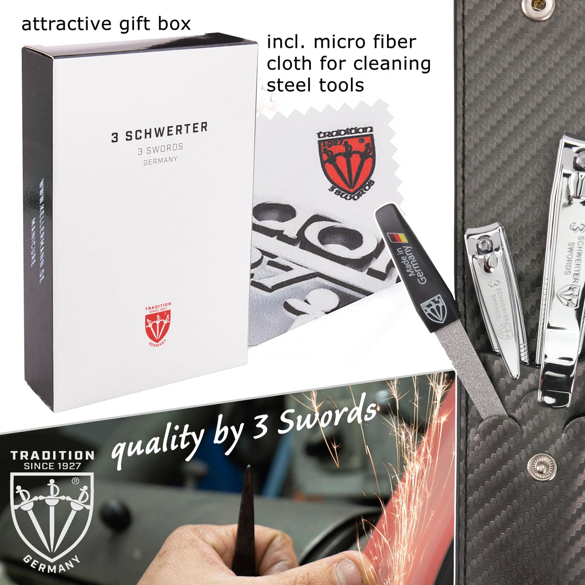 3 Swords Germany - manicure set with toe nail clipper, finger nail clipper, nail file and tweezers - brand quality since 1927