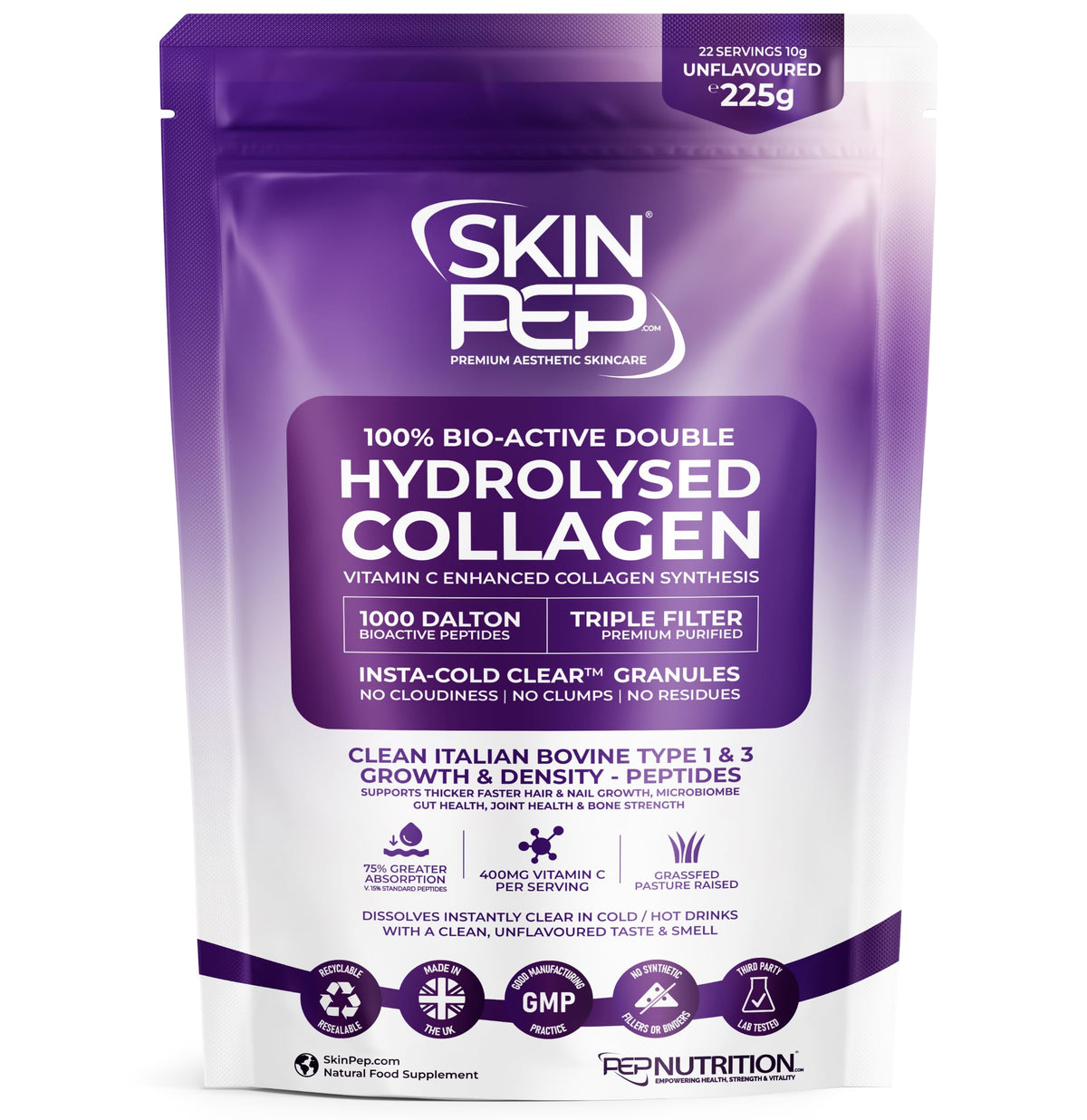 Collagen Peptides Powder Bioactive 1000 Dalton - SkinPep (225g) | 100% Pure Grass Fed Bovine | Halal Certified, UK Made | Double Hydrolysed + Vitamin C | Unflavoured Supplement for Women & Men