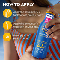 NIVEA SUN Protect & Moisture Sun Lotion SPF 20 (200 ml), Suncream with Vitamin C and Hyaluron, Provides 48 Hour Moisture and Immediate UVA/UVB Protection, Fast-Absorbing, No White Cast Formula