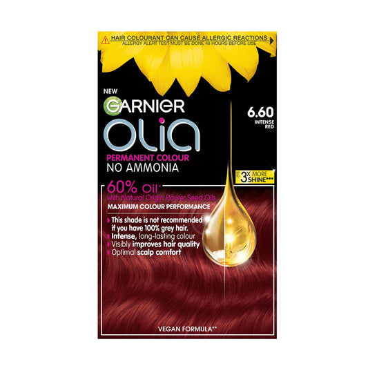 Garnier Olia Permanent Hair Dye, No Ammonia, Full Grey Coverage, Long-lasting Colour & Shine, Vegan Formula, Colour: 6.60 Intense Red, 230g