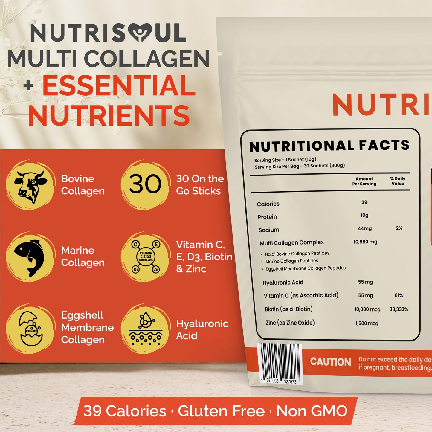 nutrisoul Multi Collagen Complex Powder | 30 Sachets | 100% Natural, Hydrolysed Bovine & Marine Collagen Peptides Types I, II, III, V & X | 8 Essential Amino Acids | Halal, Kosher & Gluten Free | Nutrisoul