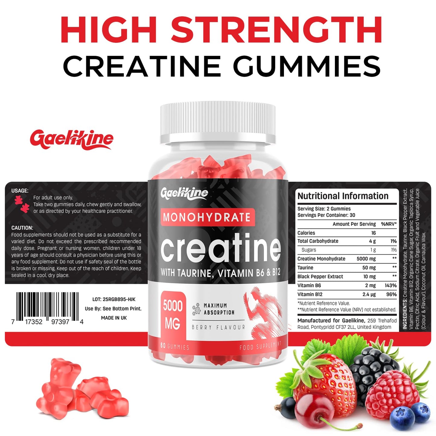 Gaelikine Creatine Gummies Max 5000mg for Men & Women, Creatine Monohydrate Gummies Plus L-Taurine, B12 & B6 for Muscle Growth, Pre Workout Supplement, Berry Flavor, Vegan
