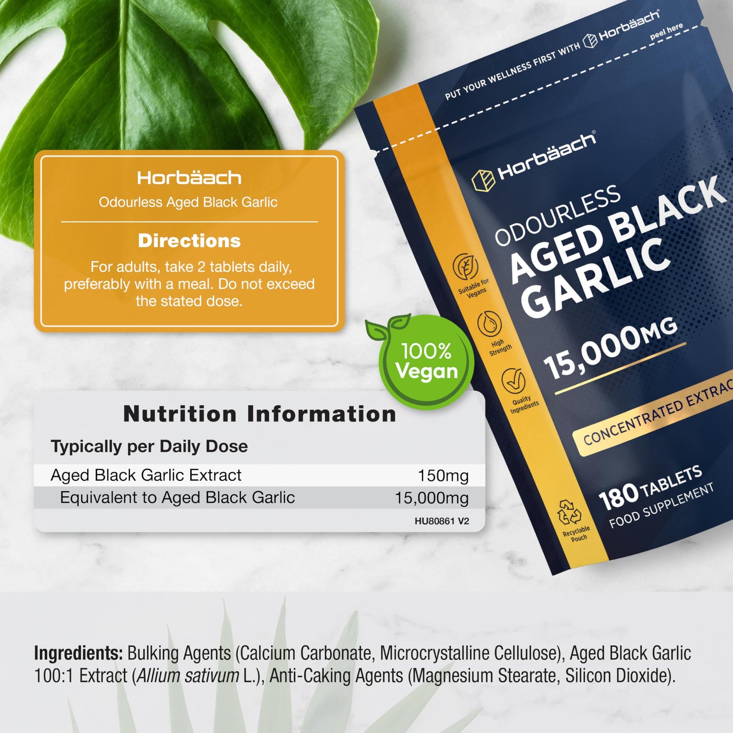 Horbäach Black Garlic Tablets 15,000mg | 180 Count | High Strength Odourless Concentrated Extract (100:1) | Aged Black Garlic Vegan Supplement | by Horbaach