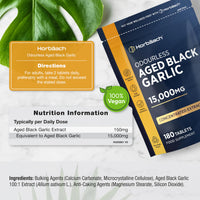 Horbäach Black Garlic Tablets 15,000mg | 180 Count | High Strength Odourless Concentrated Extract (100:1) | Aged Black Garlic Vegan Supplement | by Horbaach