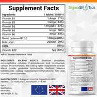 SigmaBiotics Vitamin B Complex Tablets - Blend of 8 B Vitamins & Vitamin C - Folic Acid, B1, B2, B3, B5, B6 and Vitamin B12 Supplement - Vegan & Gluten Free - 120 Tablets