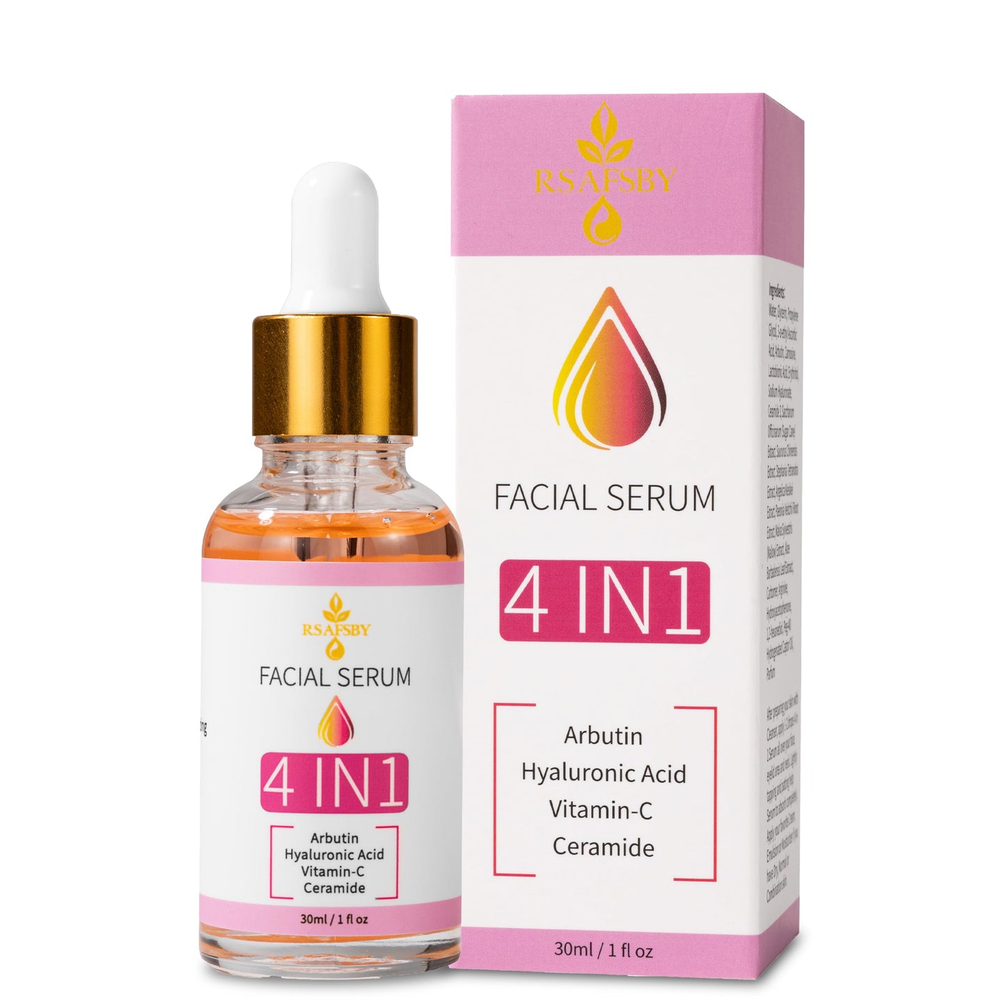 RSAFSBY 4-in-1 Facial Serum with Arbutin, Hyaluronic Acid, Vitamin C & Ceramide – Brightening, Anti-Aging & Hydrating Serum for Dark Spots, Hyperpigmentation & Acne Scars – 30ml