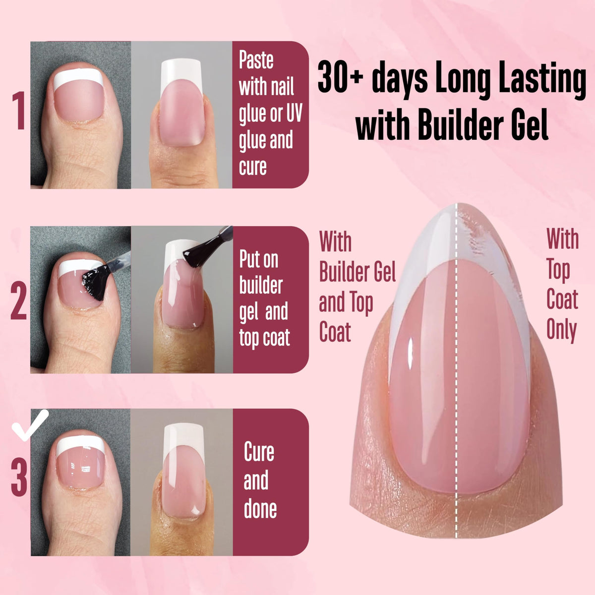 NOVO OVO French Tip Hand and Toe Nail Tips Press on kit, BERRY PINK Square Soft Gel Nail Extension, Square Round Toenails, Pre-applied Tip Primer & Base Coat, Full Cover Matte for DIY x 15 Sizes