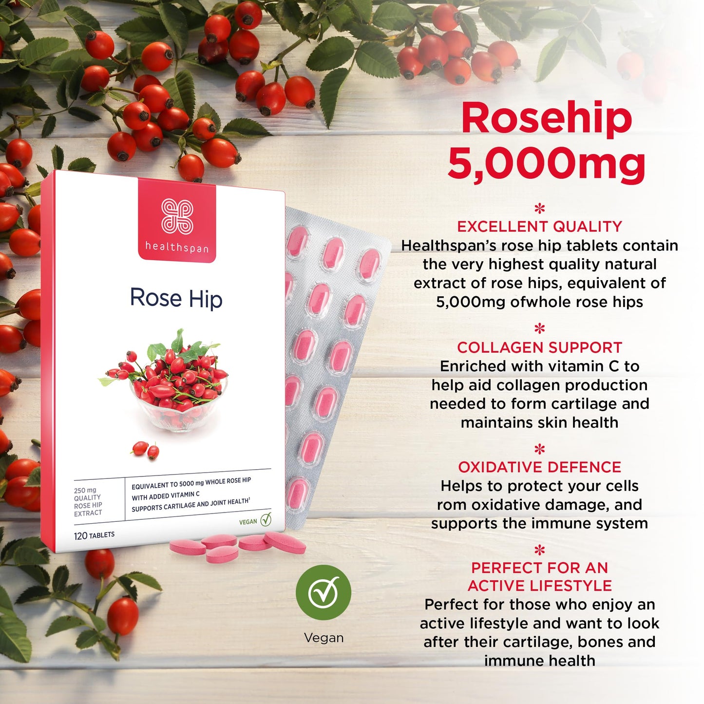 healthspan Healthspan Rose Hip 5,000mg (120 Tablets) | Supports Joints & Immune Health | Helps Maintain Healthy & Flexible Joints | Added Vitamin C | High in Flavonoids & Polyphenols | Vegan