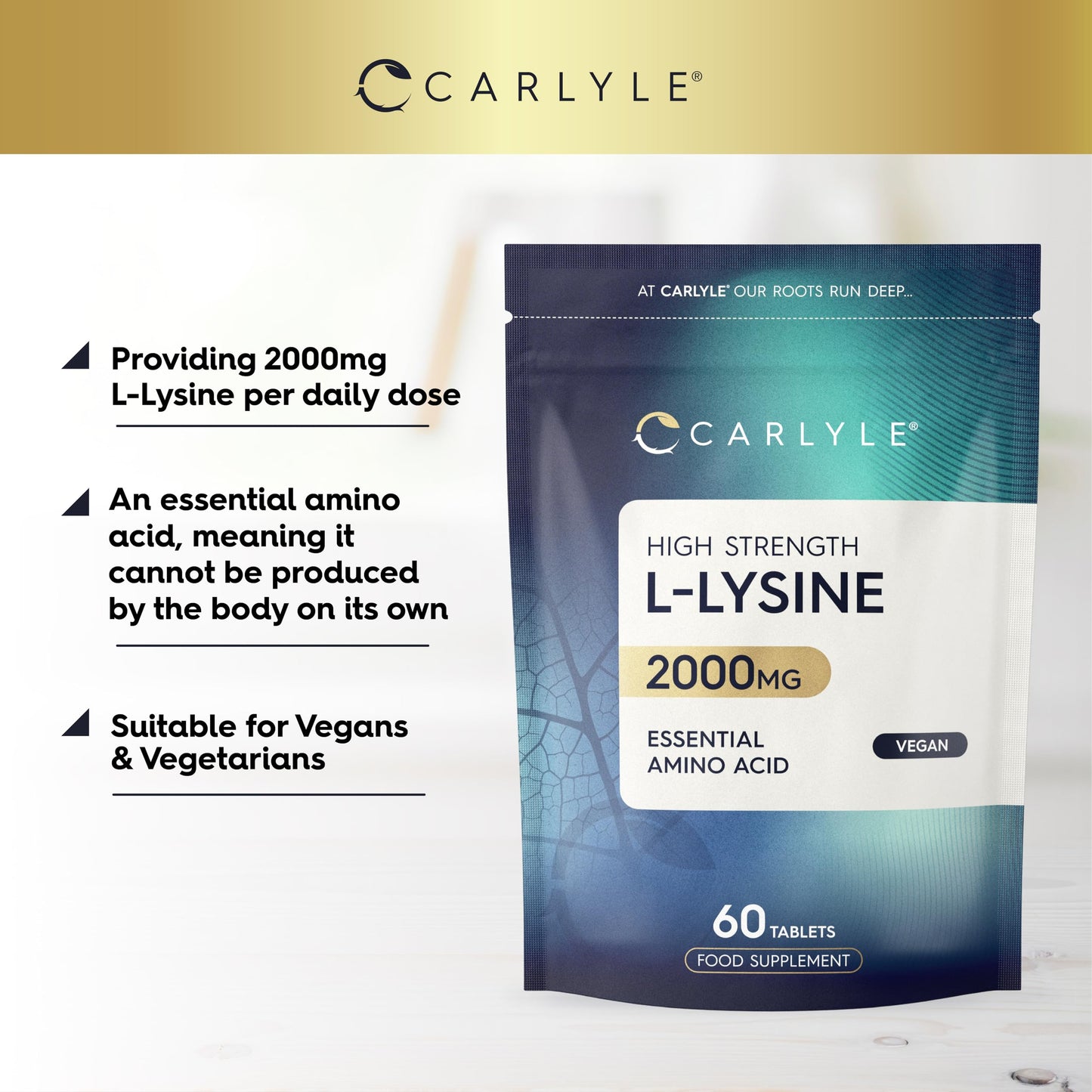 L-Lysine 2000mg | 60 Tablets | Essential Amino Acid | High Strength Vegan Supplement | by Carlyle