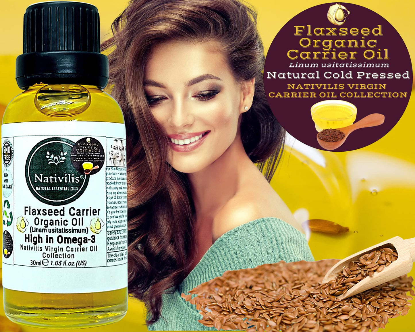 Nativilis Natural Essential Oils Nativilis Organic Flaxseed Carrier Oil (Linum usitatissimum) - linseed oil - Hair, Face & Skin - Natural Cold Pressed - High in Omega-3 - Improves Skin Smoothness – Moisturizes Dry Skin - Copaiba
