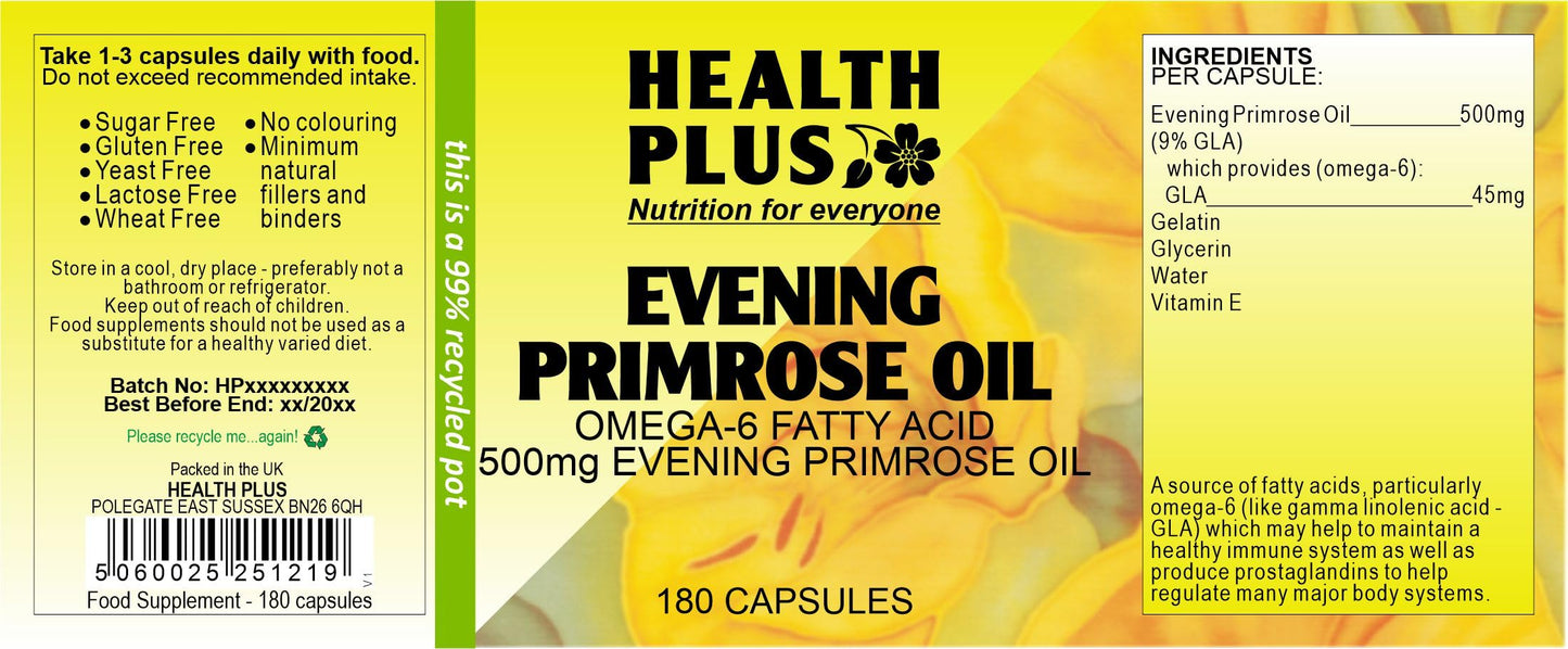 Health Plus Evening Primrose Oil 500mg Omega-6 Supplement - 180 Capsules