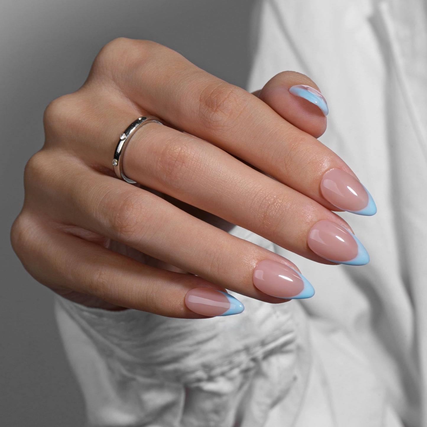 KQueenest French Tip False Nails with Glue, Light Blue Press on Nails Short Almond, Natural Nude Fake Nails Press ons Stiletto, Reusable Soft Gel Stick on Nail for Women, 30 Pcs