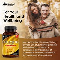 NEW LEAF PRODUCTS Cod Liver Oil Softgels 1000mg - 180 Cod Liver Soft gels High Strength Softgels- Cod Liver Oil Rich in Omega 3 EPA DHA Fatty Acids + Vitamins A & D, High Strength Fish Oil - UK Made, by New Leaf