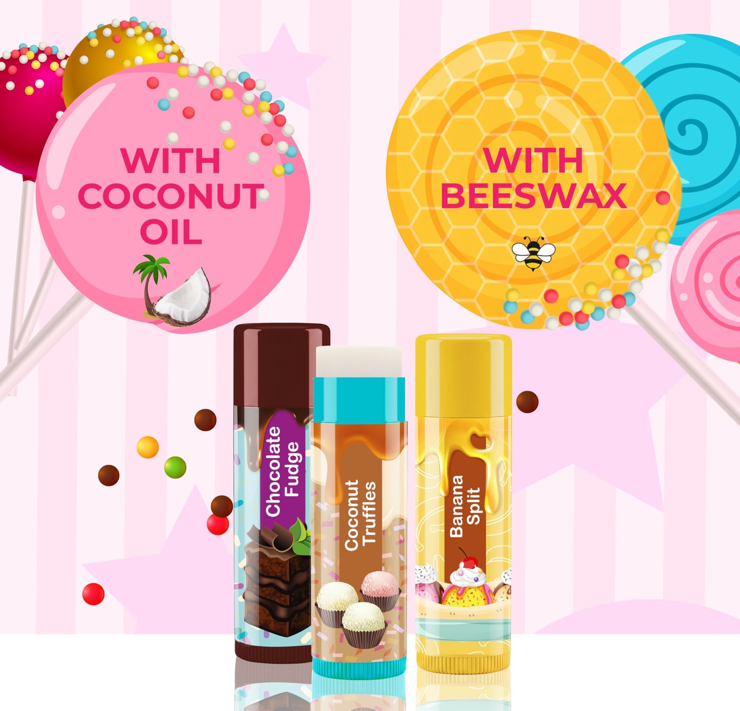 Beauty4Britain Kids Lip Balm Set Sweet Shop - 12 Different Dessert Flavours, Beeswax & Coconut Oil, Colourless, for Girls and Boys