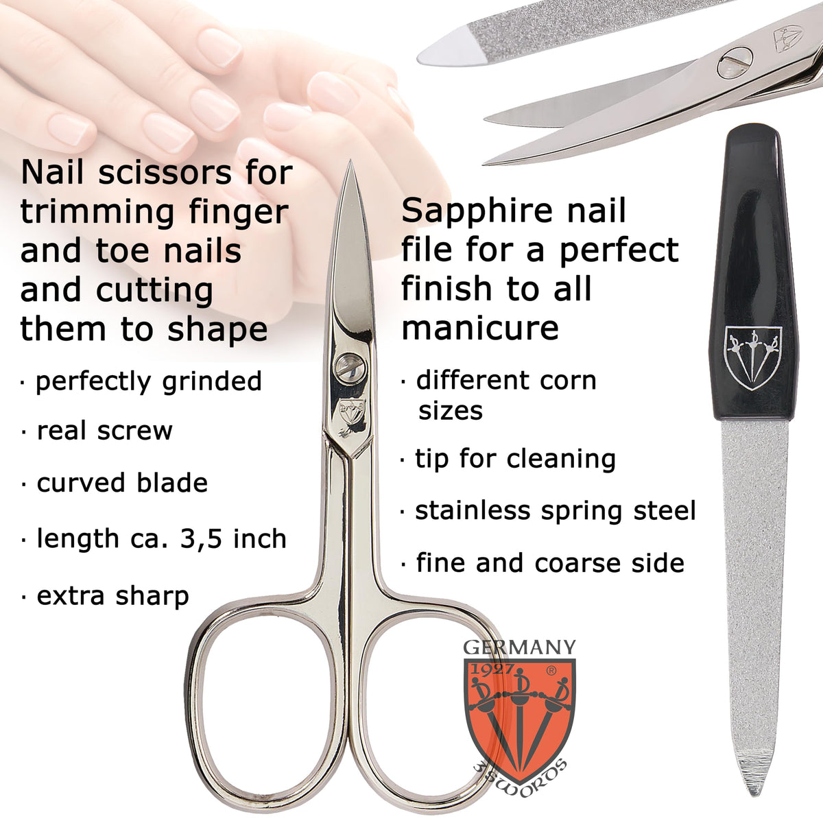 3 Swords Germany - brand quality 3 piece manicure pedicure grooming kit set for professional finger & toe nail care scissors file genuine leather case in gift box, Made by 3 Swords (000378)