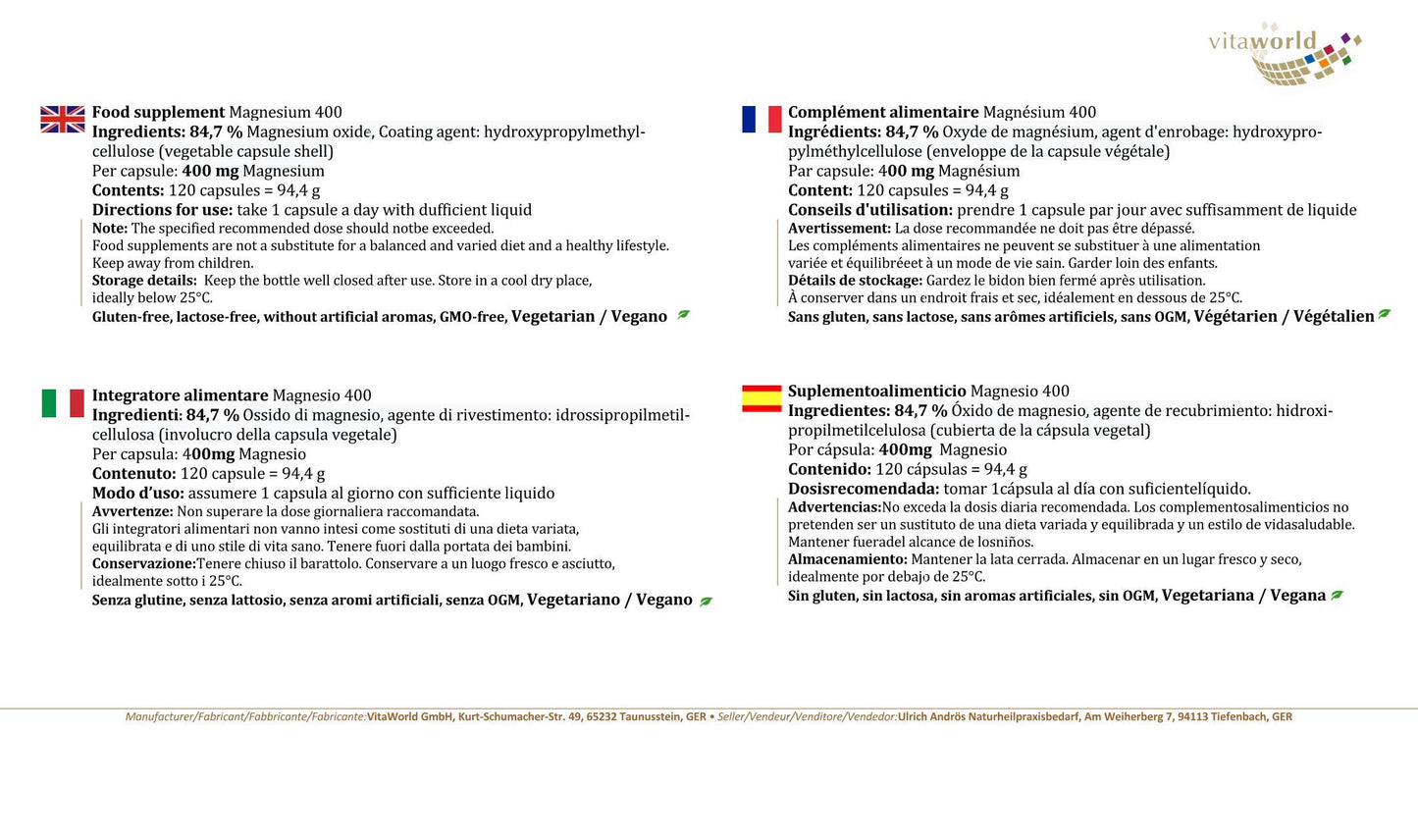Vita World Magnesium 400Mg 120 Capsules Made in Germany