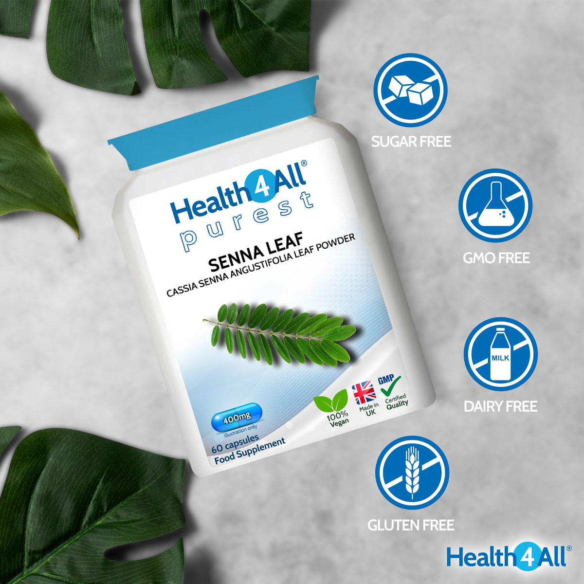 Senna Leaf 400mg 60 Capsules, Herbal Overnight Relief, Stool Softener, Regularity Supplement, Vegan Cassia Angustifolia Leaf, Additive Free, Not Tablets, Made in UK by Health4All