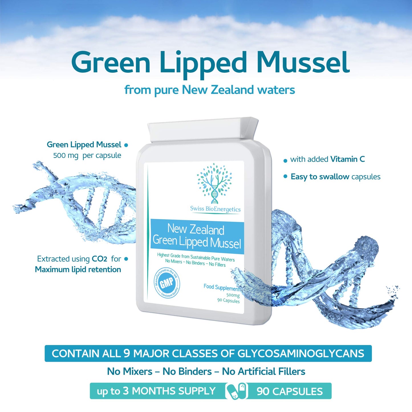 swiss bioenergetics Green Lipped Mussel 500mg 90 Capsules – sustainably sourced from Pure New Zealand Waters, expertly extracted Using CO2 – No Mixers – No Binders – No fillers