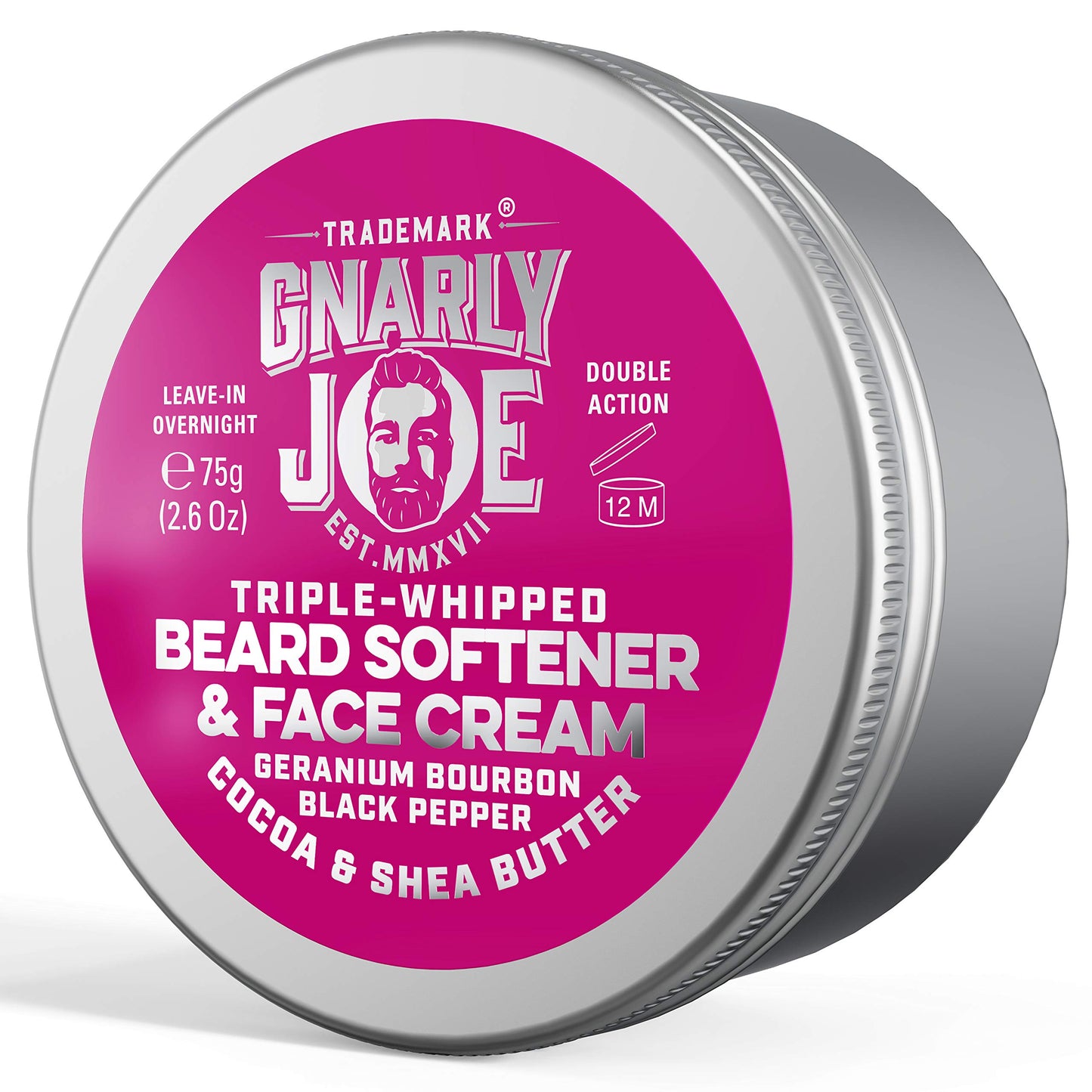 TRADEMARK GNARLY JOE EST.MMXVII Gnarly Joe Beard Softener & Face Cream - 85ml Beard Softener for Men with Triple-Whipped Cocoa & Shea Butter - Natural Beard Moisturiser, Conditioner & Cream - Geranium & Black Pepper Scent - UK Made