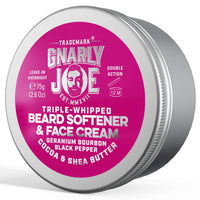 TRADEMARK GNARLY JOE EST.MMXVII Gnarly Joe Beard Softener & Face Cream - 85ml Beard Softener for Men with Triple-Whipped Cocoa & Shea Butter - Natural Beard Moisturiser, Conditioner & Cream - Geranium & Black Pepper Scent - UK Made