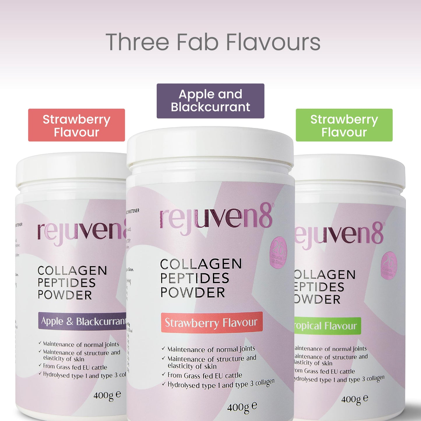 Rejuven8 Collagen Peptides Powder - 400g Strawberry Flavour - 26g of Collagen and 24g of Protein Per Serving - Grass Fed Bovine Collagen Powder for Women & Men - Protein Collagen Powder