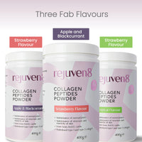 Rejuven8 Collagen Peptides Powder - 400g Strawberry Flavour - 26g of Collagen and 24g of Protein Per Serving - Grass Fed Bovine Collagen Powder for Women & Men - Protein Collagen Powder