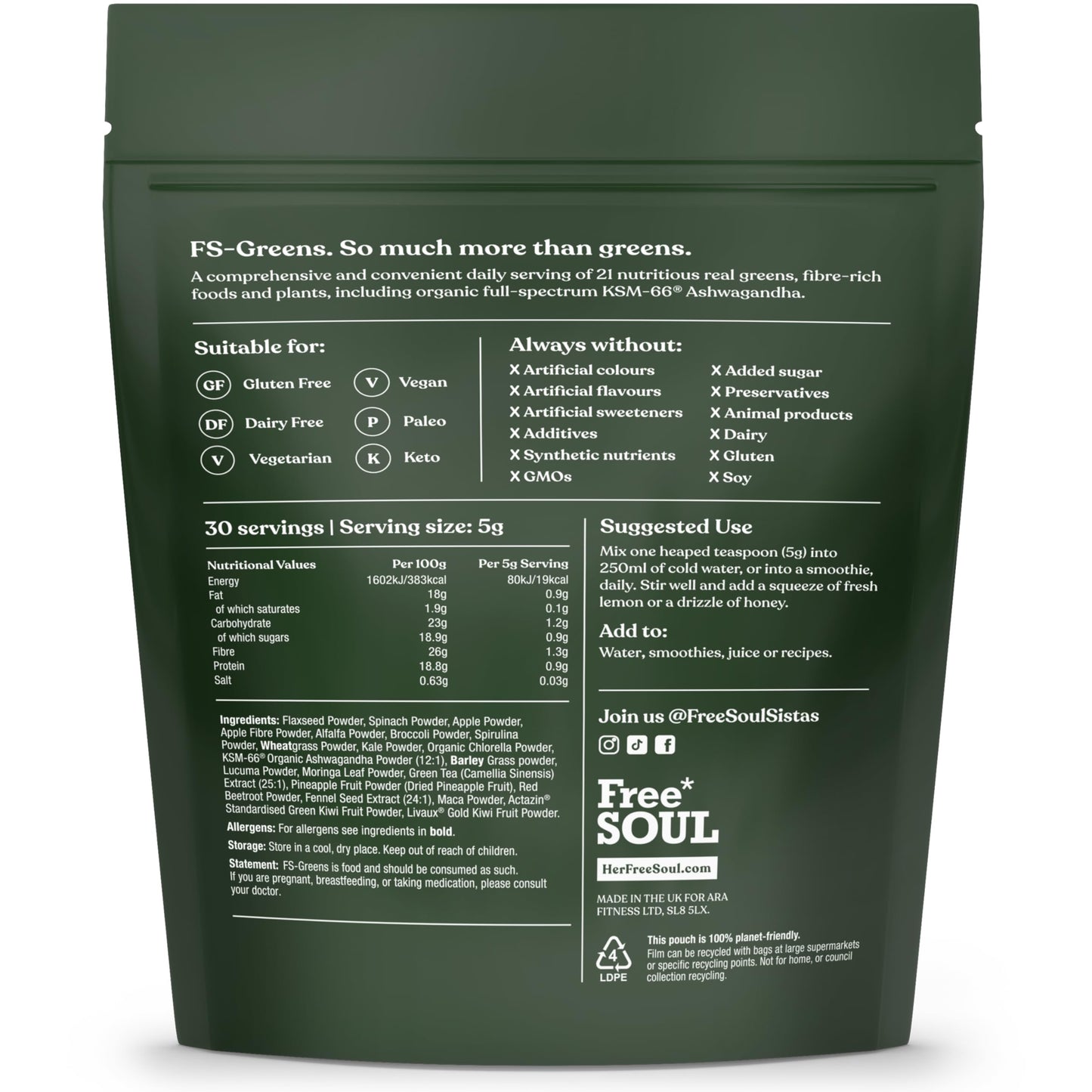 FS-Greens | 21 Advanced Greens, Superfoods, and Adaptogens Including KSM-66® Ashwagandha | Vegan & Gluten-Free | Advanced Formula | UK Made | Free Soul (30 Servings)