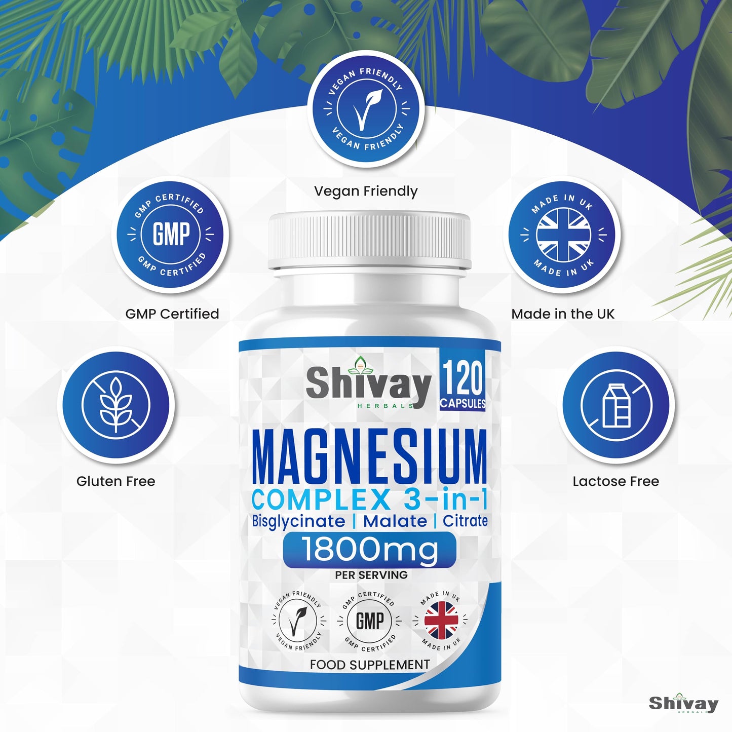 Magnesium Glycinate 3 in 1 Complex | 1800mg Per Serving - 384mg Elemental Magnesium | High Strength Magnesium Bisglycinate, Malate, Citrate | 120 Vegan Capsules | Made in The UK by Shivay Herbals