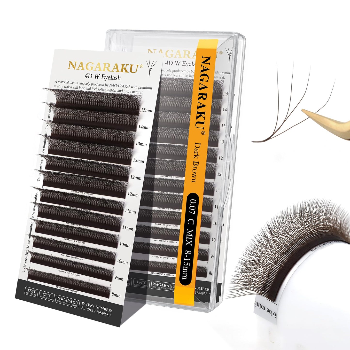 NAGARAKU Dark Brown 4D Lashes，W Shape Eyelash Extensions 0.07mm C Curl 8-15mm Mix Volume Lashes Hand Woven Long Stem Matte Black Premade Fans 4 Tips False Eyelash