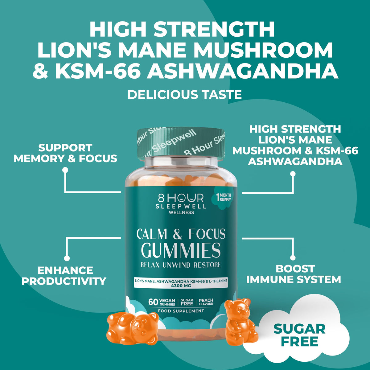 8 Hour Sleepwell Lions Mane Supplement & Mushroom Gummies – High Strength 4300mg with Ashwagandha KSM-66, Zinc, B6 & B12 – 60 Vegan Sugar-Free Gummies for Calm, Focus, Mental Performance & Nervous System Support