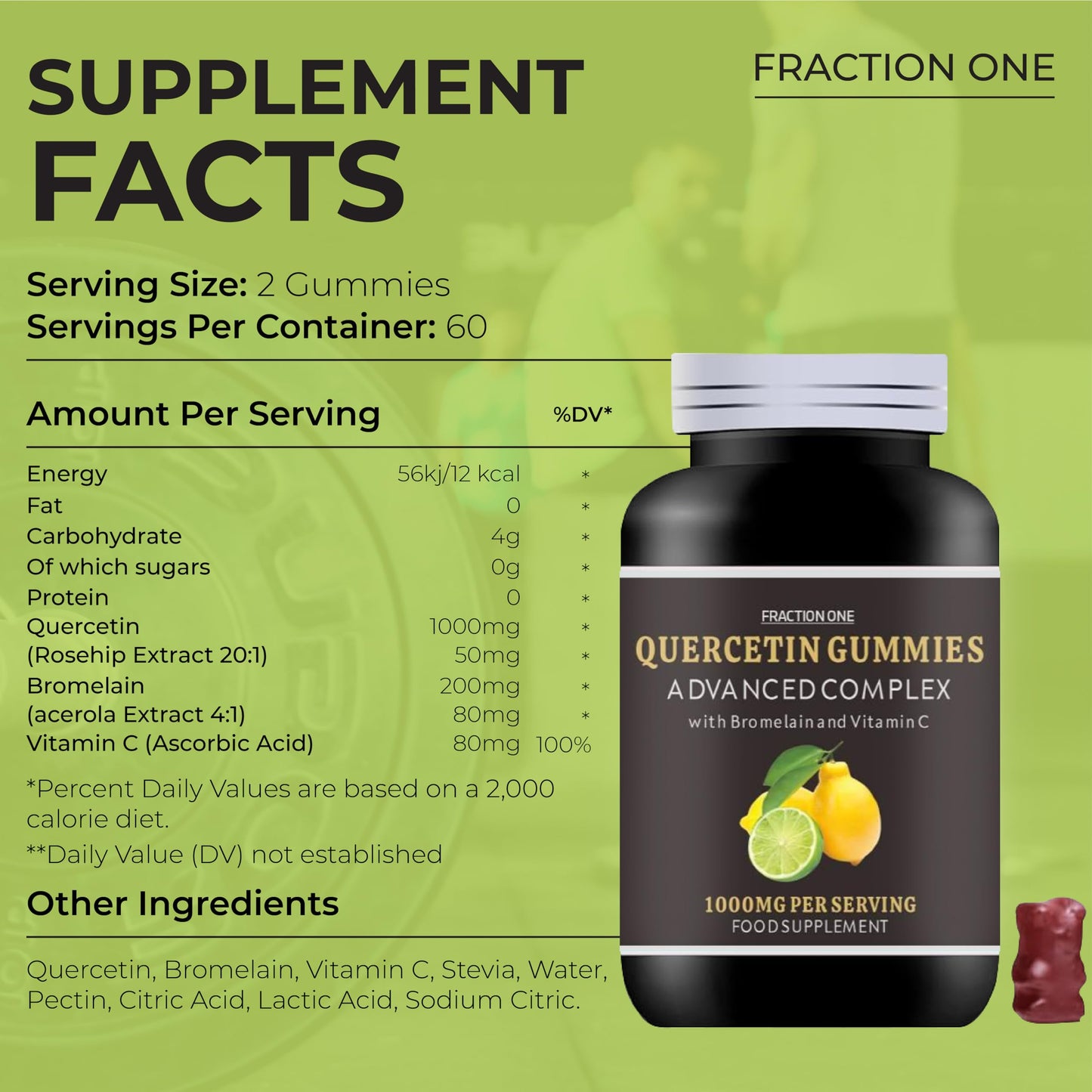Fraction One Quercetin Gummies Enhanced with Bromelain, Vitamin C - Quercetin 1000mg - 120 Gummies - 60 Servings - Quercetin Complex - Quercetin Supplement -Antioxidant Supplement for Immune Support