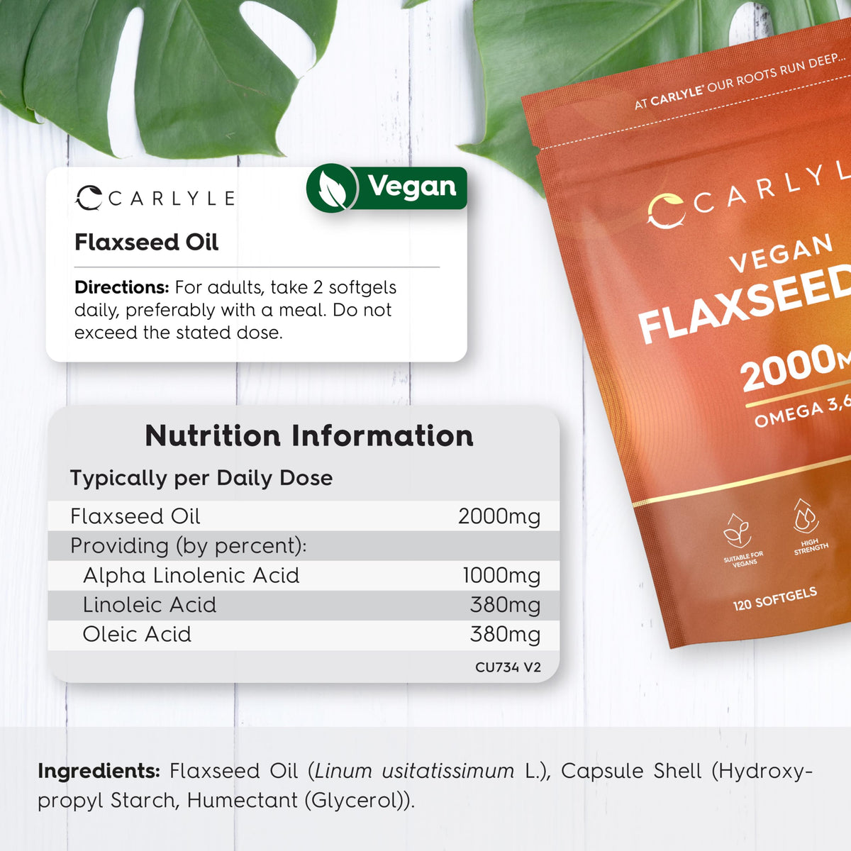 Flaxseed Oil Capsules 2000mg | 120 Vegan Softgels | High Strength Supplement with Omega 3 6 & 9 | Cold Pressed | By Carlyle
