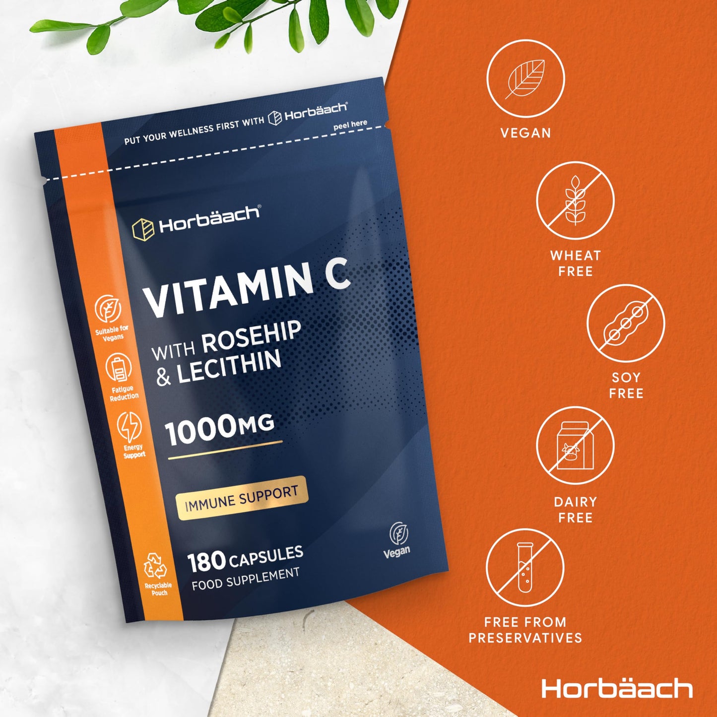 Horbäach Vitamin C 1000mg with Rosehip | 180 Capsules | High Strength Vitamin C as Ascorbic Acid with Added Rosehip and Sunflower Lecithin | Vegan Supplement | by Horbaach