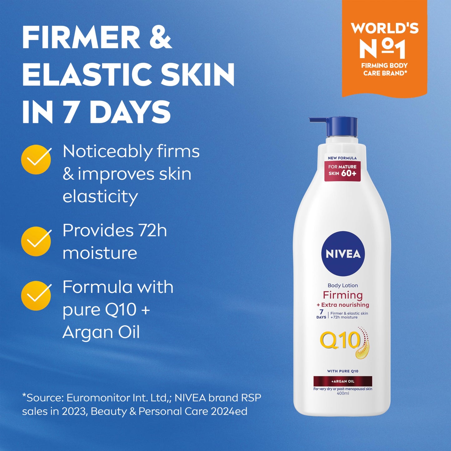 NIVEA Q10 60+ Mature Skin Body Lotion (400ml), Nourishing Firming Cream with Q10 and Argan Oil, NIVEA 72H Moisturising Cream for Ageing and Mature Skin