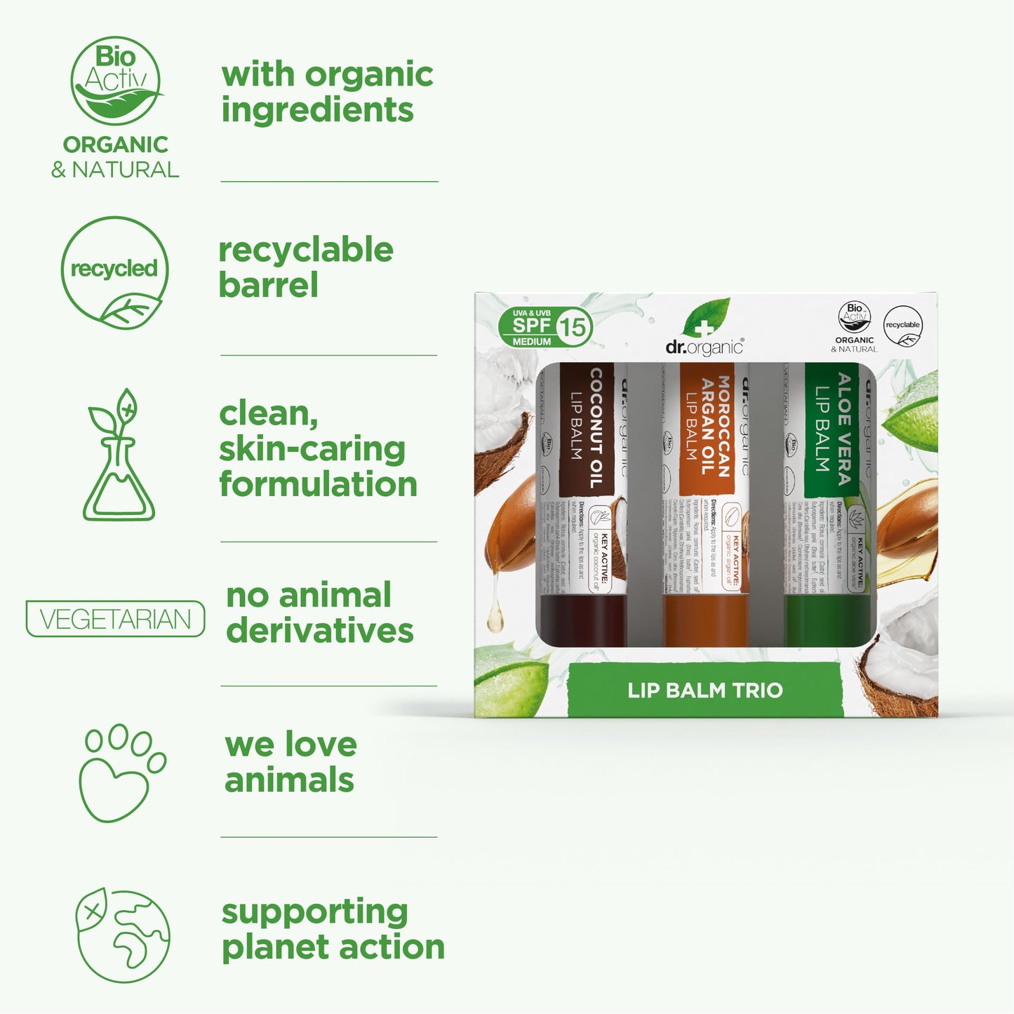 Dr. Organic Dr Organic Lip Balm Gift Set, Moisturising, SPF 15, Assorted Multipack with Aloe Vera, Argan Oil, Coconut Oil, Natural, Vegetarian, Cruelty-Free, Paraben & SLS-Free, Organic, 5.7ml