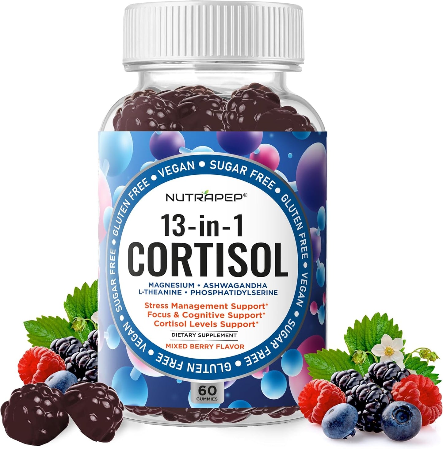 Cortisol Gummies for Women Men, 13-in-1 High Cortisol Reducer with Ashwagandha Magnesium L-theanine Rhodiola Rosea - Vegan Sugar Free, 60 Count