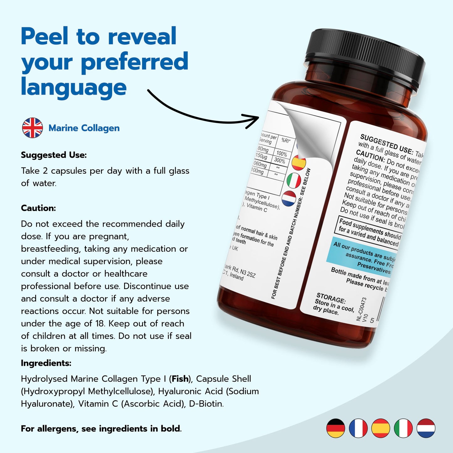 NEW LEAF PRODUCTS Pure Marine Collagen 100% Marine Collagen Type 1 Hydrolysed Collagen Peptides Enhanced with Hyaluronic Acid & Vitamin C -Essential Amino Acids - Collagen Supplements for Women and Men, 60 Capsules