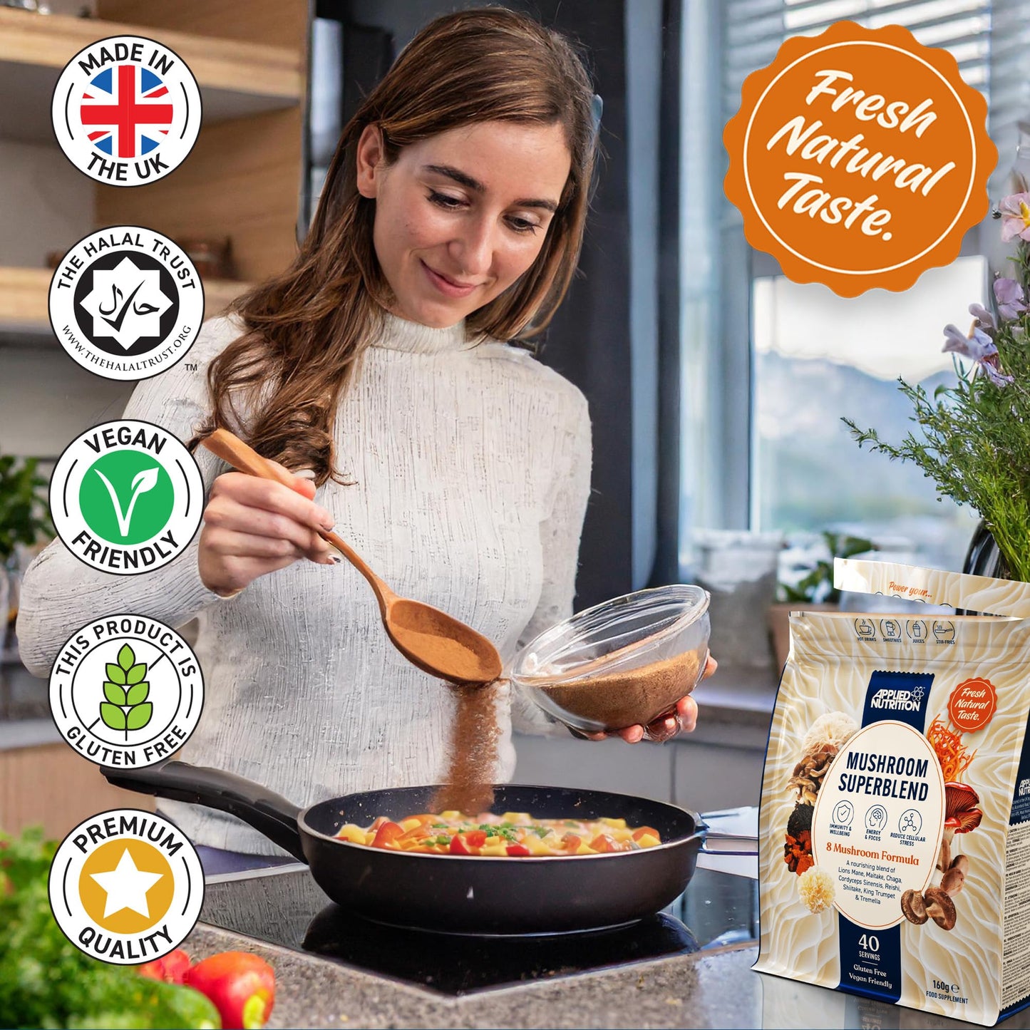 Applied Nutrition Mushroom Superblend - Lions Mane, Reishi, Chaga, Shiitake, Maitake, Tremella, Cordyceps Sinensis, King Trumpet | Vegan & Gluten Free (160g – 40 Servings)