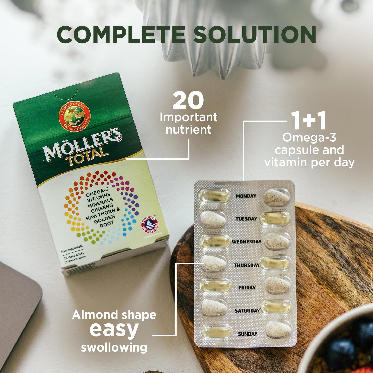 MÖLLER'S Moller’s ® | Möller's Total | Complete Daily Supplement | Nordic Omega-3 Dietary Supplement with EPA and DHA | Broad Spectrum of Vitamins and Minerals | Ginseng, Hawthorn & Golden Root | 56 Capsules