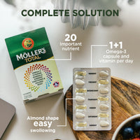 MÖLLER'S Moller’s ® | Möller's Total | Complete Daily Supplement | Nordic Omega-3 Dietary Supplement with EPA and DHA | Broad Spectrum of Vitamins and Minerals | Ginseng, Hawthorn & Golden Root | 56 Capsules
