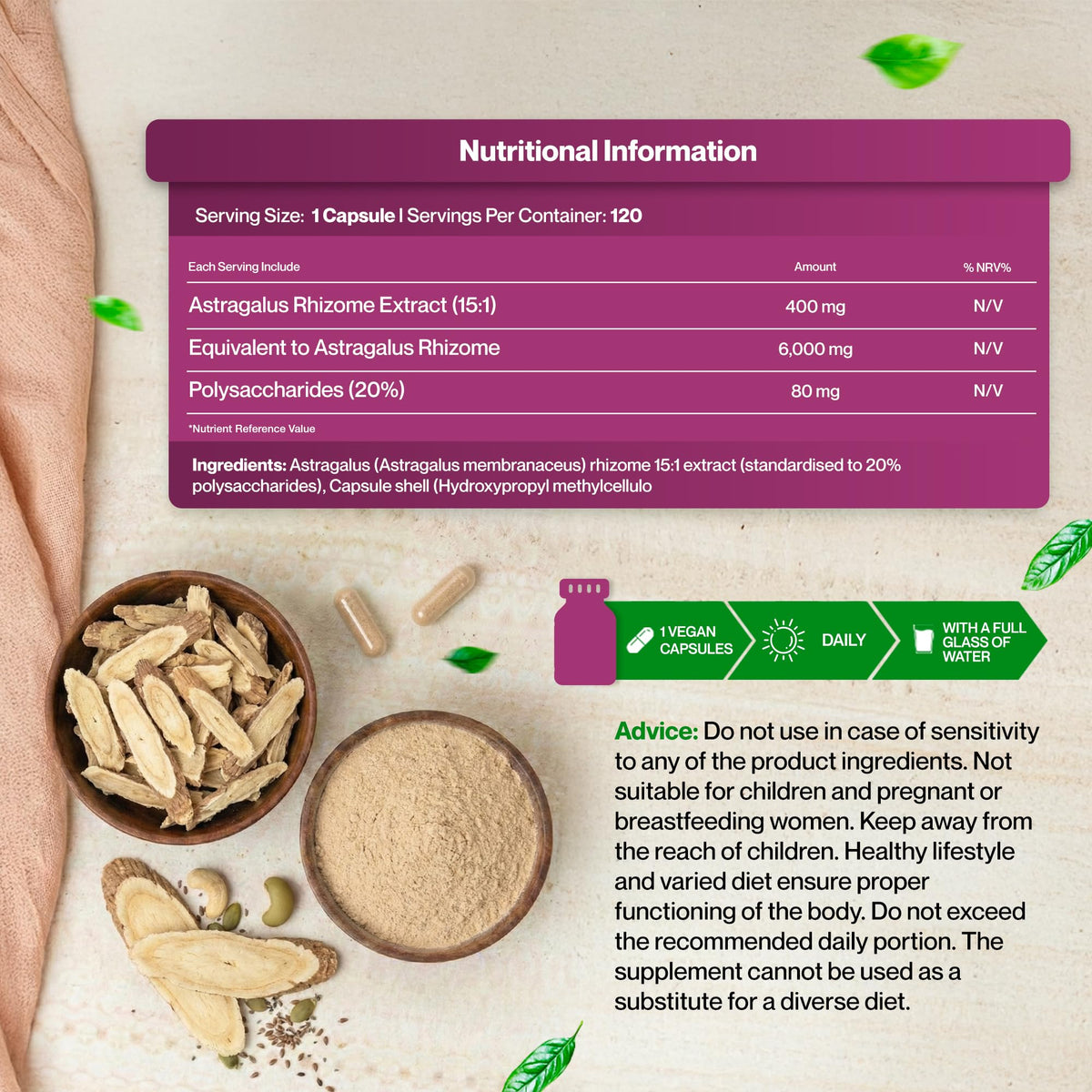 Hepatica Astragalus Membranaceus 6,000mg Equivalent | 400mg 15:1 Extract | Standardised to 20% Polysaccharides (80mg) | 120 Vegan Capsules | 3rd Party Lab Tested