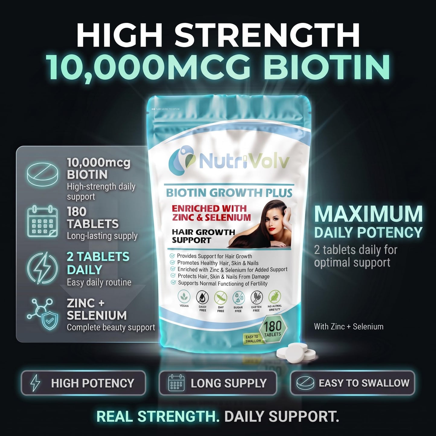 NutriVolv Biotin Hair Growth | Enhanced with Zinc & Selenium | 180 Tablets | 10,000mcg Biotin | Hair Vitamins Complex | Vegan | Hair Skin & Nails Vitamins for Men & Women | UK Made