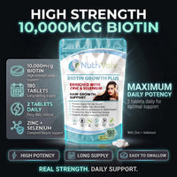 NutriVolv Biotin Hair Growth | Enhanced with Zinc & Selenium | 180 Tablets | 10,000mcg Biotin | Hair Vitamins Complex | Vegan | Hair Skin & Nails Vitamins for Men & Women | UK Made